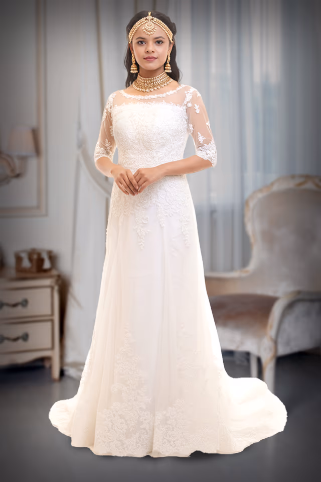 White mermaid style gown with applique and bead work details — back view, rent in Kochi