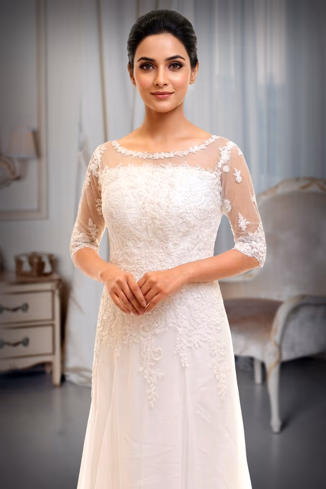 White mermaid style gown with applique and bead work details — rent in Kochi