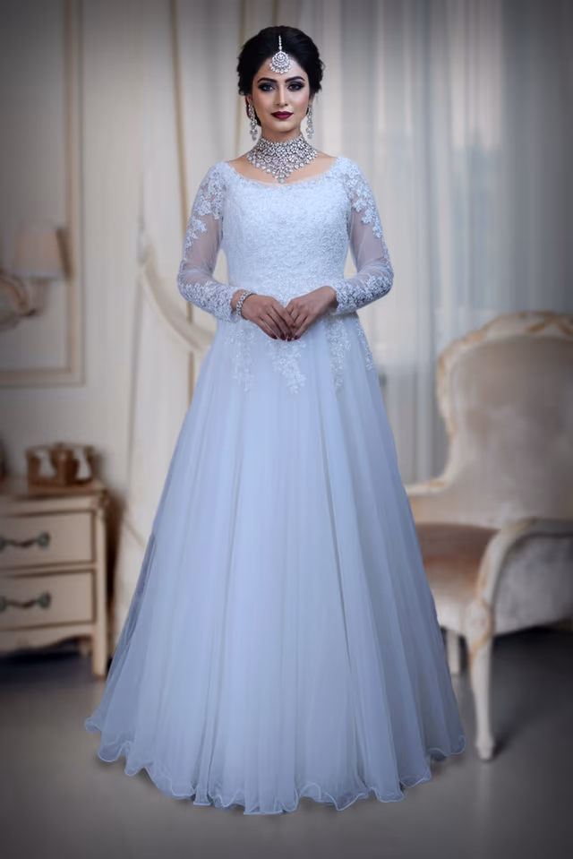 White Net Ball Gown with Floral Appliqué Embroidery — back view, rent in Kochi