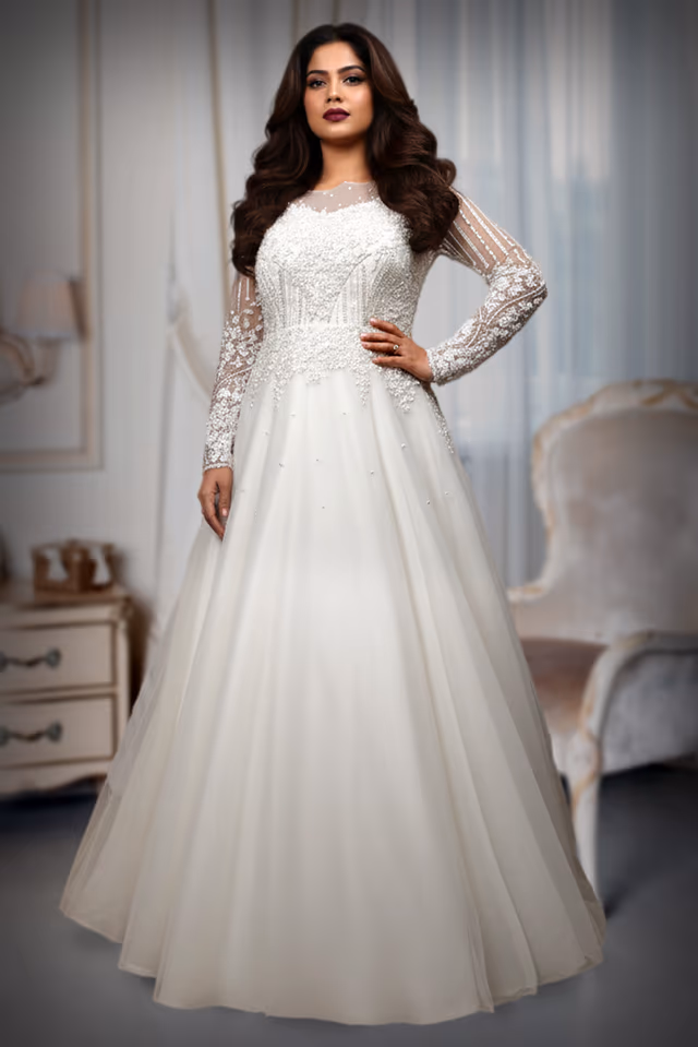 White Net Gown with Full Beaded Bodice and Full Sleeves — back view, rent in Kochi