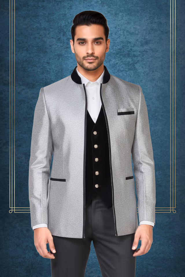 Silver Indo-Jodhpuri Suit with Regal Velvet Waistcoat and Timeless Craftsmanship — back view, rent in Bangalore
