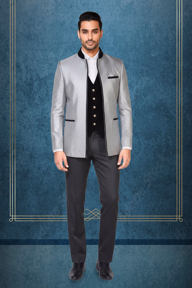 Silver Indo-Jodhpuri Suit with Regal Velvet Waistcoat and Timeless Craftsmanship — rent in Bangalore