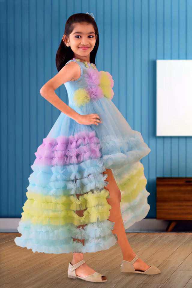 Kids Fuffy-Tulle Multi Color Frock — back view, rent in Calicut