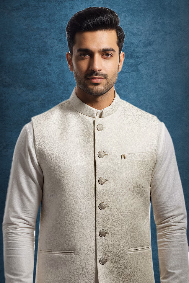 Off White Polycotton Kutha Pyjama with Detailed Sleeveless Off White Jacket — rent in Calicut