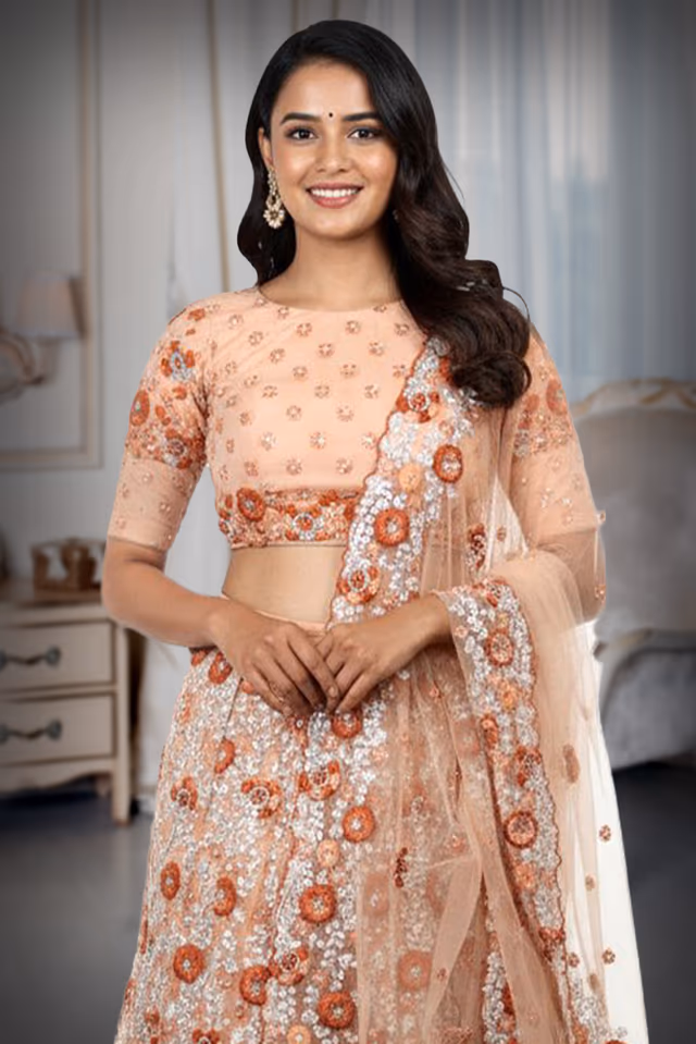 Apricot Orange Colour Heavy Threadwork Detailing In Floral Motif  Along With Detailed Dupatta And Blouse — rent in Calicut