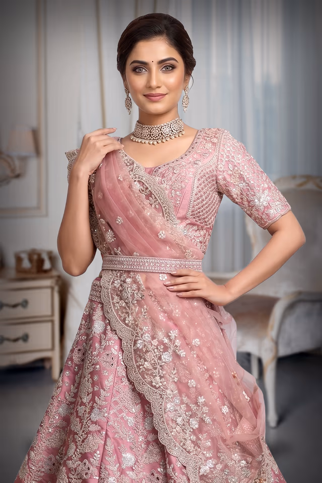 Baby Pink Bridal Lehenga With a Lot Of Detailing And Threadwork With Dupatta In Same Colour Coordination — rent in Calicut
