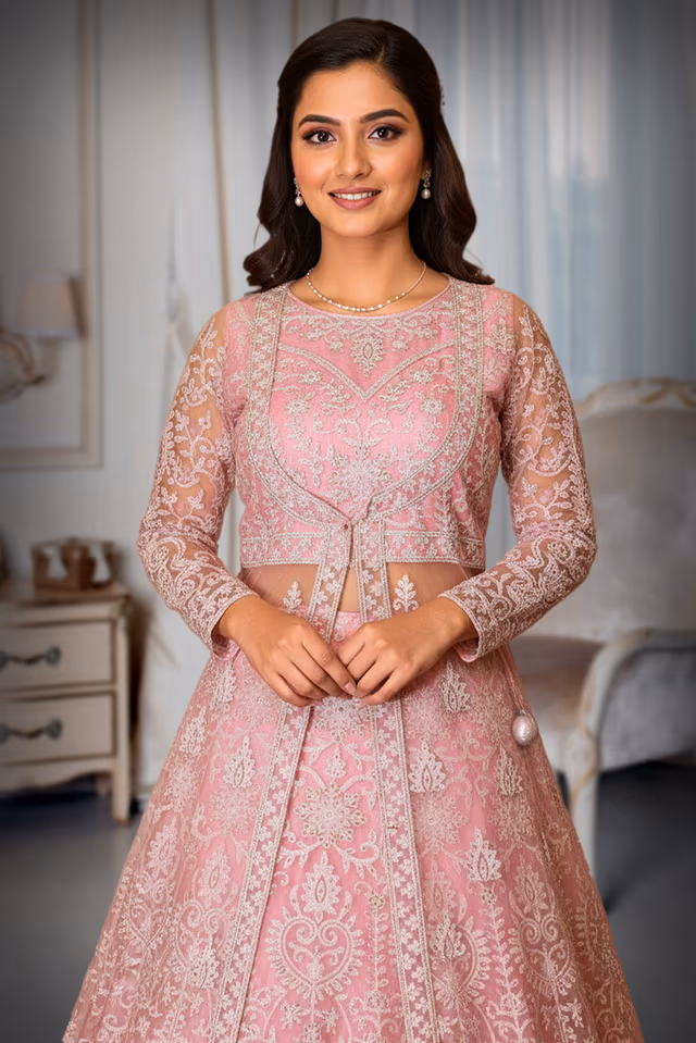 Baby Pink Embroidered Lehenga with Long Sheer Net Jacket and Intricate Thread Work — rent in Coimbatore