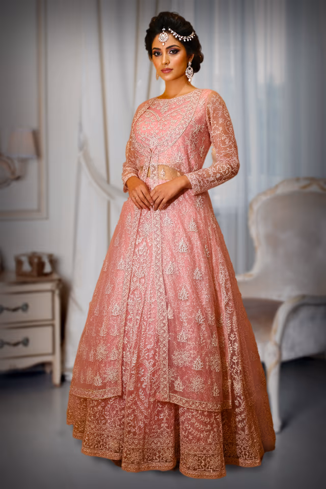 Baby Pink Embroidered Lehenga with Long Sheer Net Jacket and Intricate Thread Work — back view, rent in Coimbatore