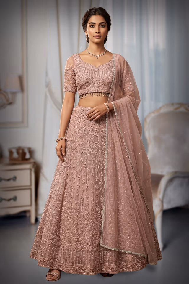 Baby Pink Pre Wedding Lehenga With Embroidery And Stone work Details All Over The Skirt And… — back view, rent in Calicut