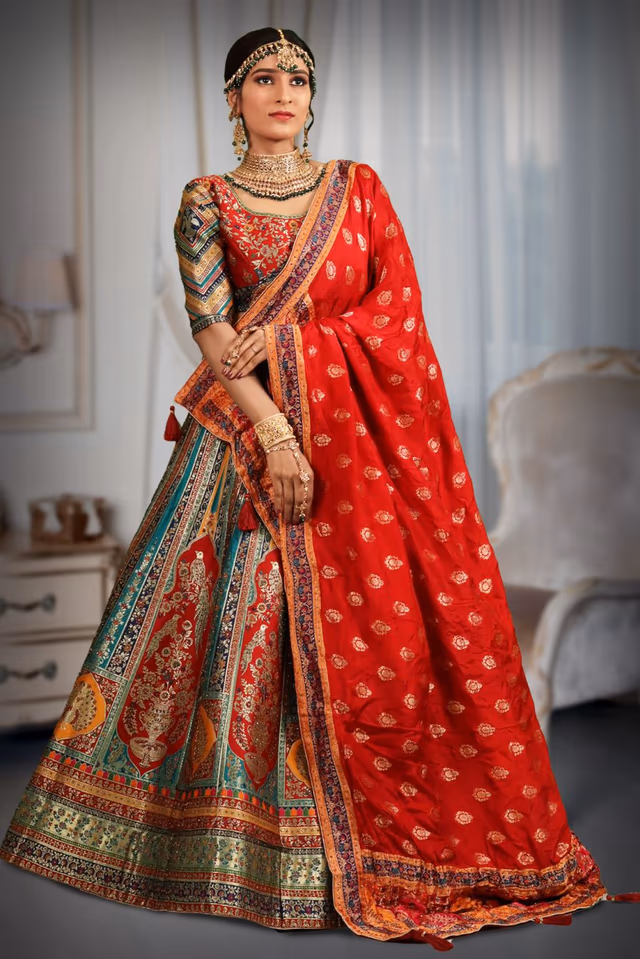 Banarasi brocade jarakan work lehenga — back view, rent in Bangalore