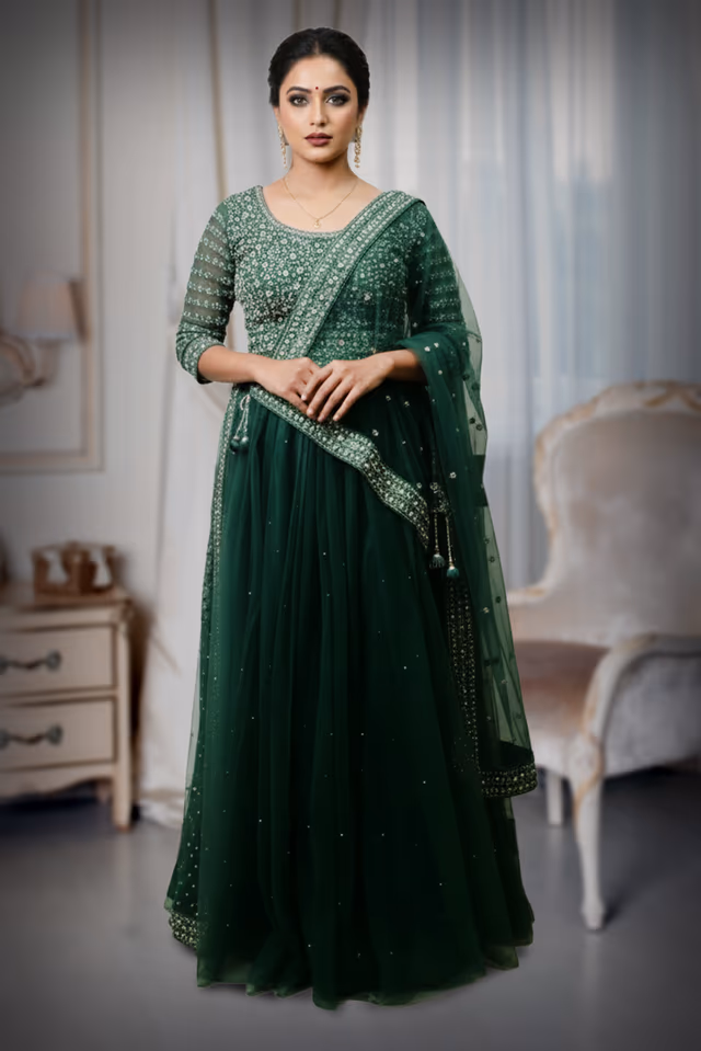 Beautifully Crafted Bottle Green Lehenga, Offering A Harmonious Mix Of Pastel Hues And… — back view, rent in Calicut
