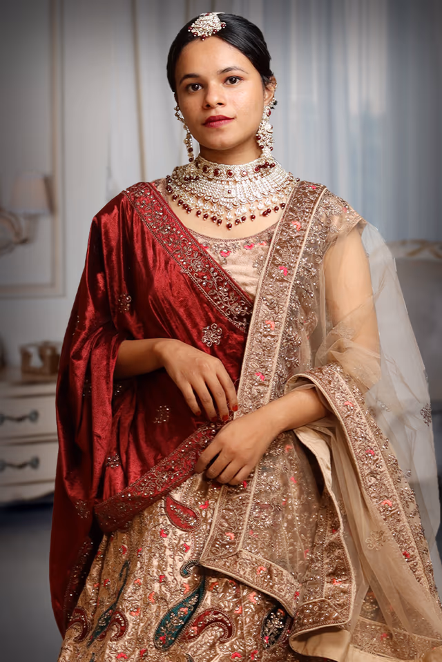 Beige Bridal Lehenga With Golden Threadwork Details And Maroon Color Dupatta — rent in Calicut