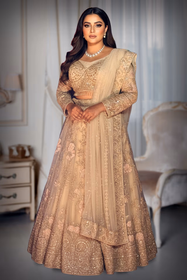 Beige colour Lehenga with Pinkish Tone , Heavy stone and Bead worked Skirt and Tops with… — back view, rent in Coimbatore