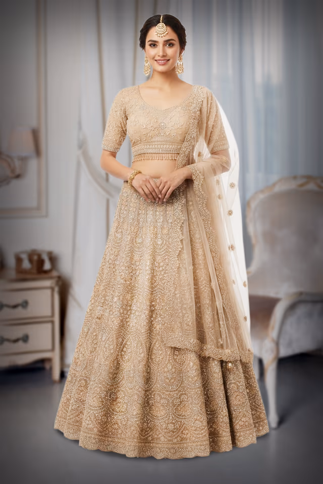 Beige Heavy Embellished Bridal Lehenga With Golden Stone Details On Skirt , Crop Top And Dupatta — back view, rent in Calicut