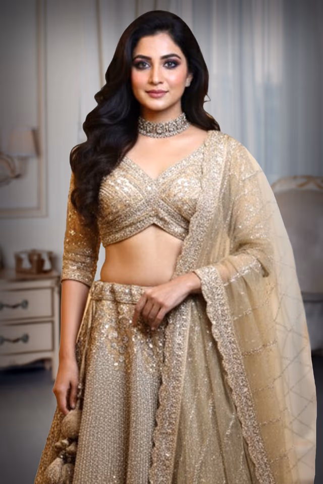 Beige Handworked Bridal Lehenga With Intricate Embroidered Crop Top And Threadworked Dupatta — rent in Coimbatore