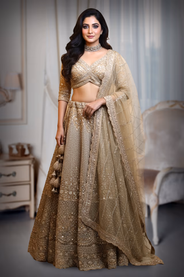 Beige Handworked Bridal Lehenga With Intricate Embroidered Crop Top And Threadworked Dupatta — back view, rent in Coimbatore