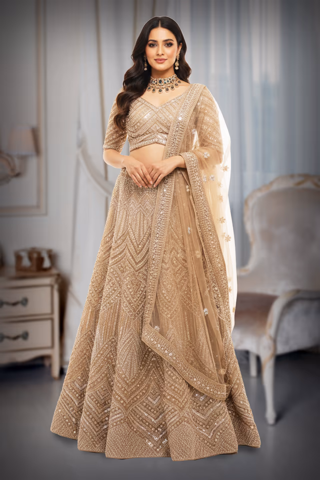 Beige  Lehenga with Intricate detailing , Sequence works and Thread works — back view, rent in Coimbatore