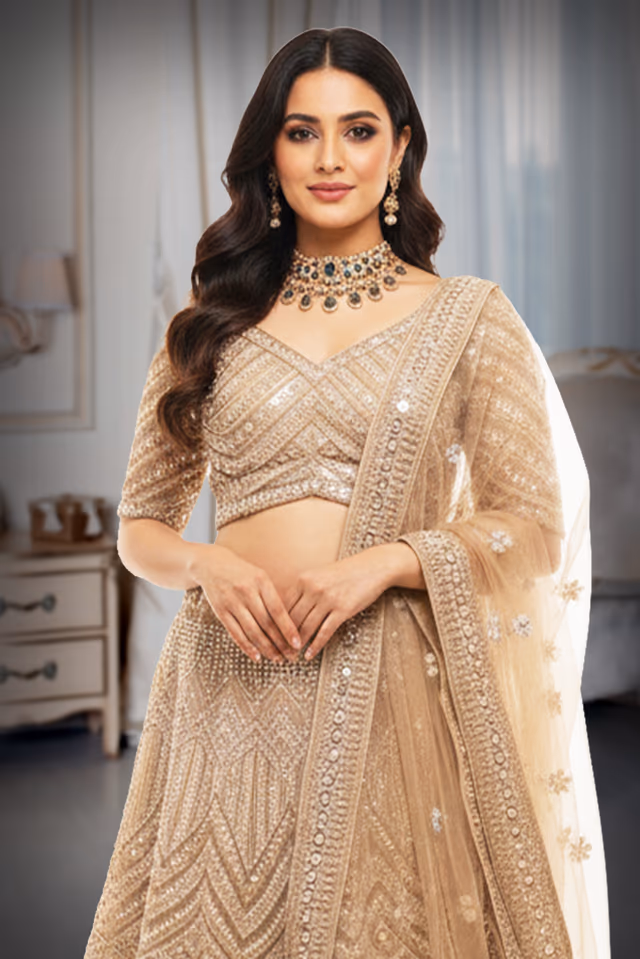 Beige  Lehenga with Intricate detailing , Sequence works and Thread works — rent in Coimbatore