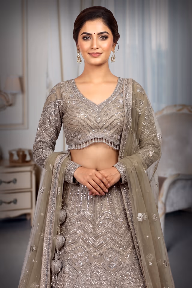 Beige Heavy Worked Lehenga With Rich Embellishment Work In Skirt And Top Along With Minimal Net Dupatta — rent in Coimbatore