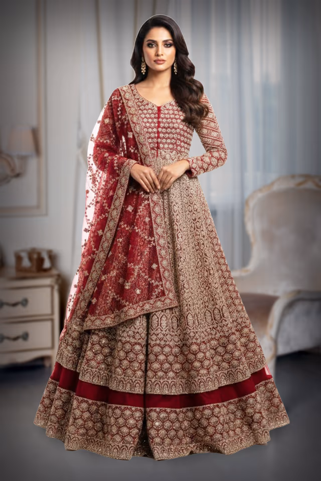 Berry Red Anarkali Features Intricate Sequin Embellishments Detailed Embroidery And A Matching… — back view, rent in Calicut