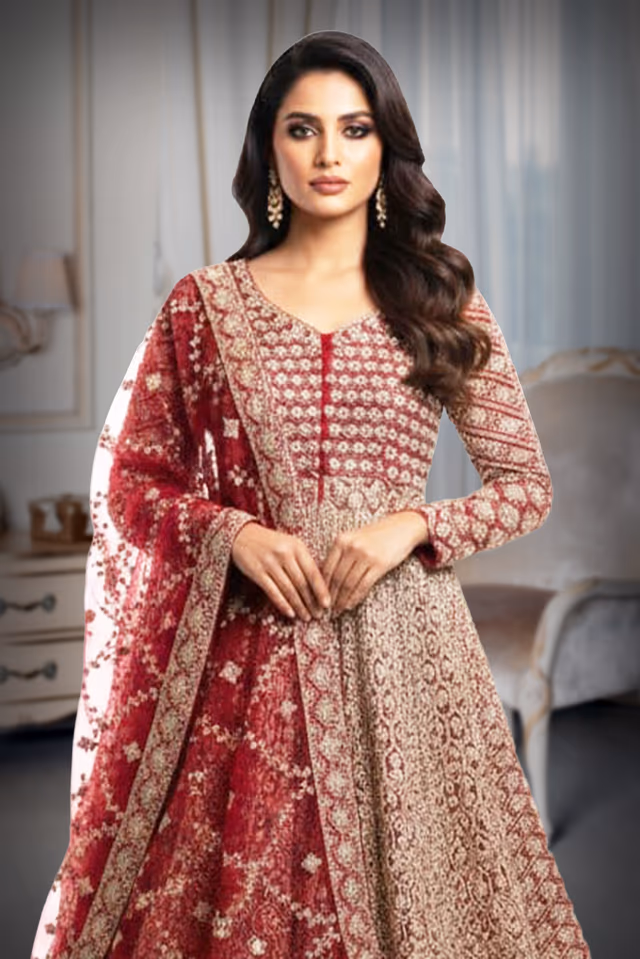 Berry Red Anarkali Features Intricate Sequin Embellishments Detailed Embroidery And A Matching Sheer Net… — rent in Calicut