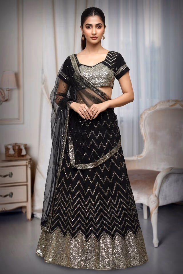 Black Colour Georgette Lehenga With Heavy Golden Zari Work Detailing And Heavy  Detailed… — back view, rent in Coimbatore