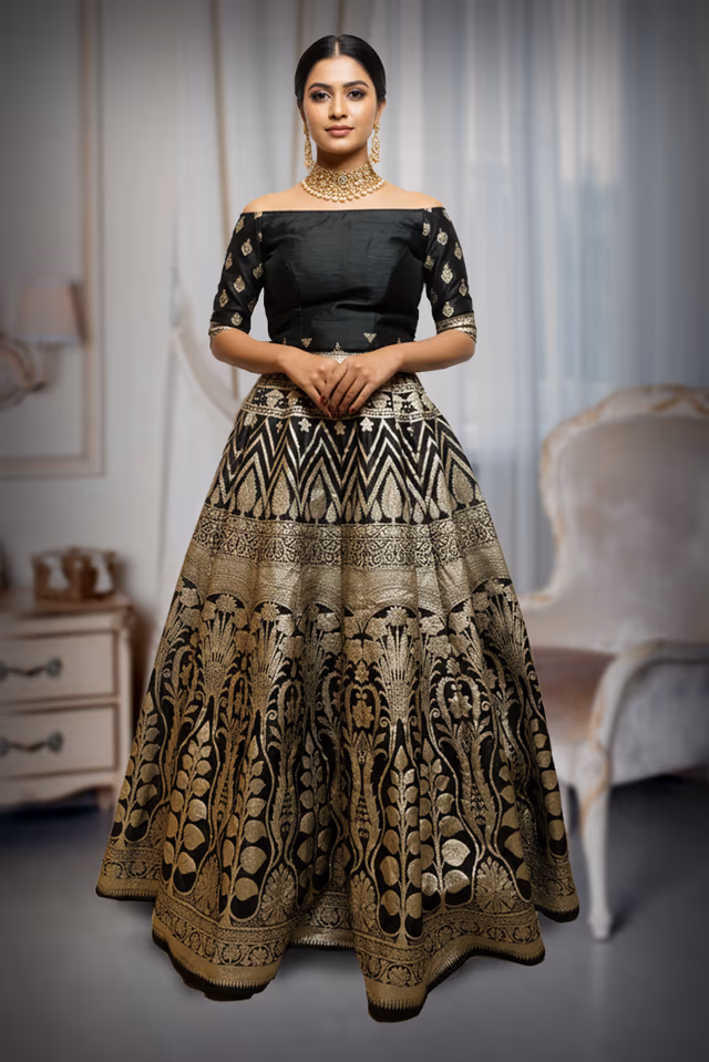 Black and Gold Banarasi Silk Lehenga with Zari Weaving and Matching Blouse — back view, rent in Kochi
