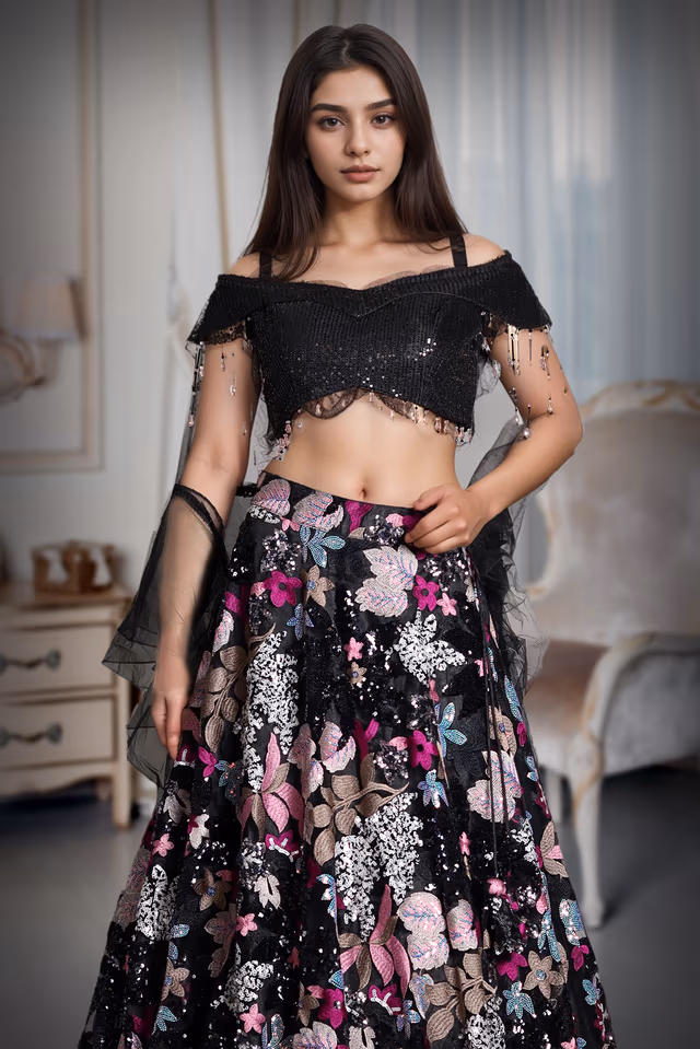 Black Pre Wedding Lehenga With Floral Embellishment All over the Skirt — rent in Kochi