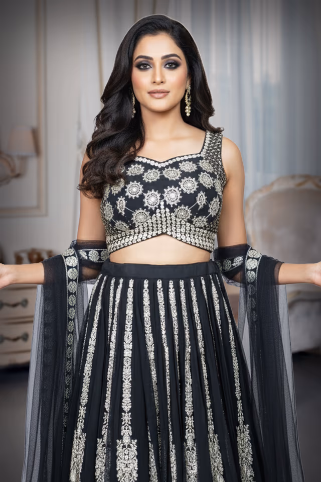 Black and Silver Embroidered Net Lehenga — rent in Kochi