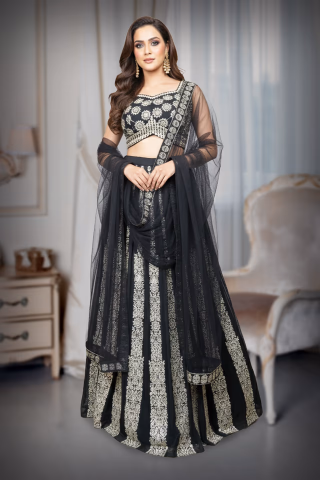 Black and Silver Embroidered Net Lehenga — back view, rent in Kochi