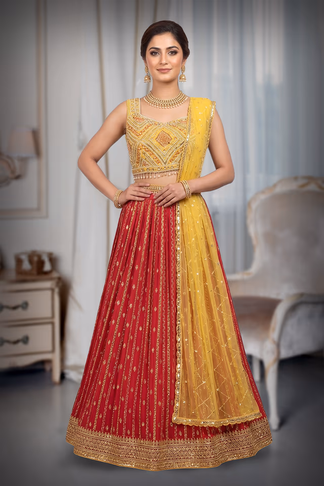 Blood Red Crop Top Lehenga With Yellow Color Dupatta — back view, rent in Kochi