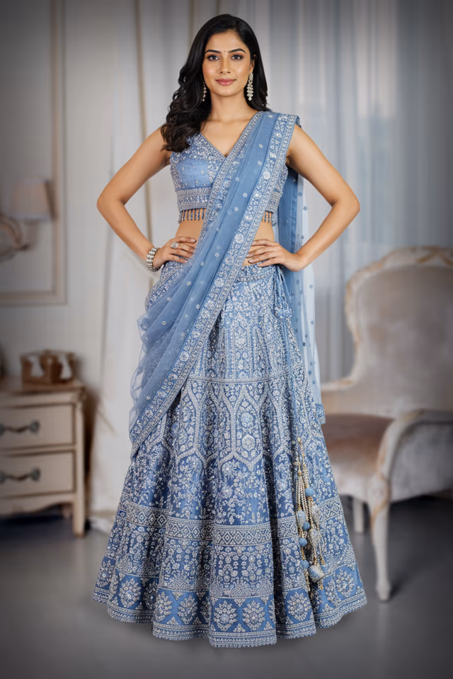 Blue Embellished Bridal Lehenga — back view, rent in Bangalore