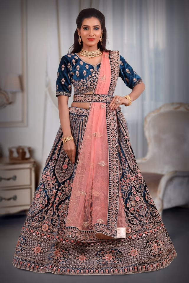 Blue heavy embroidery sequins work lehenga — back view, rent in Bangalore