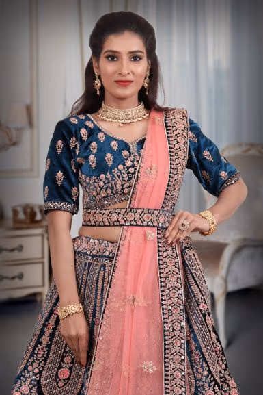 Blue heavy embroidery sequins work lehenga — rent in Bangalore
