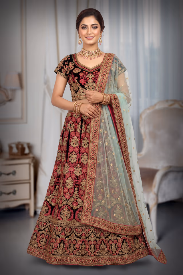 Blue Lehenga With Gold And Pink Zari Work — back view, rent in Bangalore