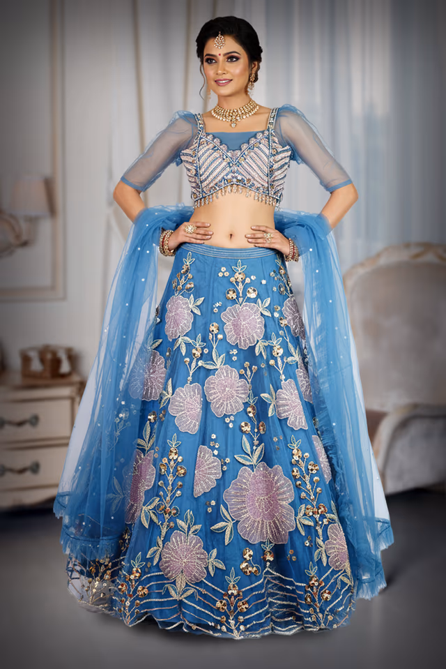 Blue Indowestern Lehenga — back view, rent in Bangalore