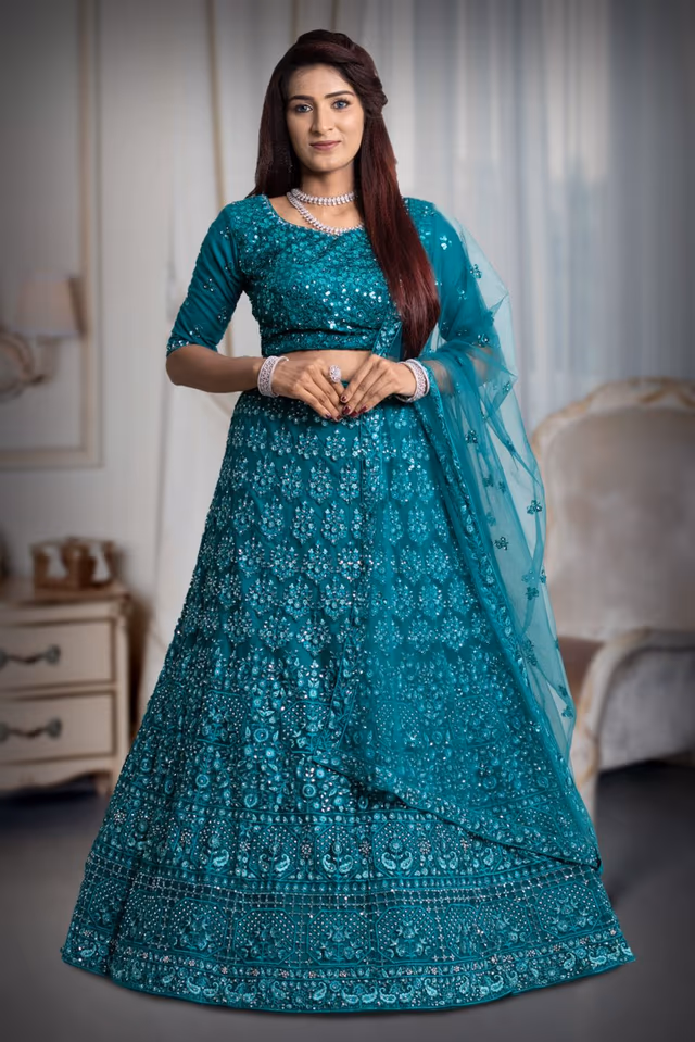 Blue jarkan stone work lehenga — back view, rent in Calicut
