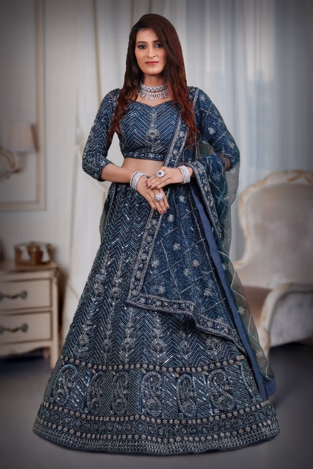 Blue silver lace & sequins work lehenga — back view, rent in Coimbatore