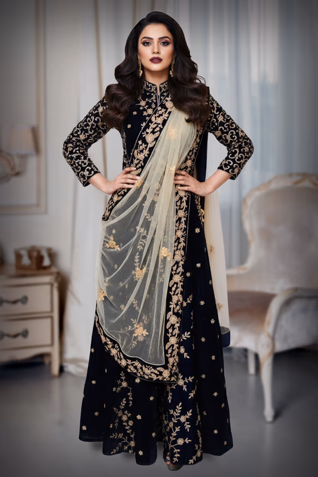 Bluish golden lehenga with netted dupatta — back view, rent in Bangalore
