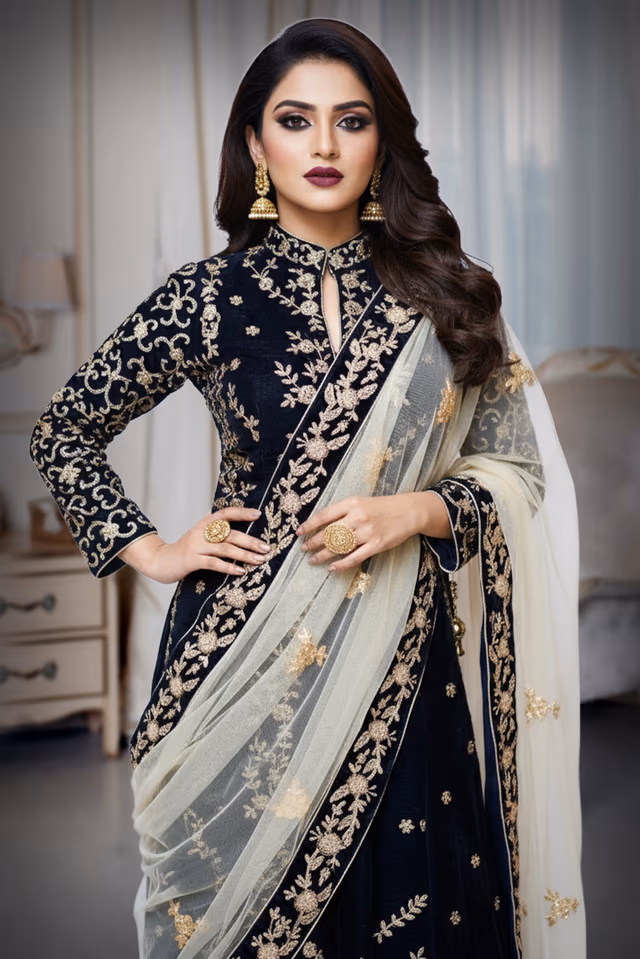 Bluish golden lehenga with netted dupatta — rent in Bangalore
