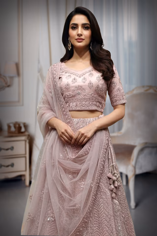 Blush Pink Netted lehenga , self Embroidered and embellished with stones along with Dhuppata — rent in Coimbatore