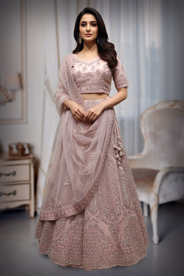 Blush Pink Netted lehenga , self Embroidered and embellished with stones along with Dhuppata — back view, rent in Coimbatore