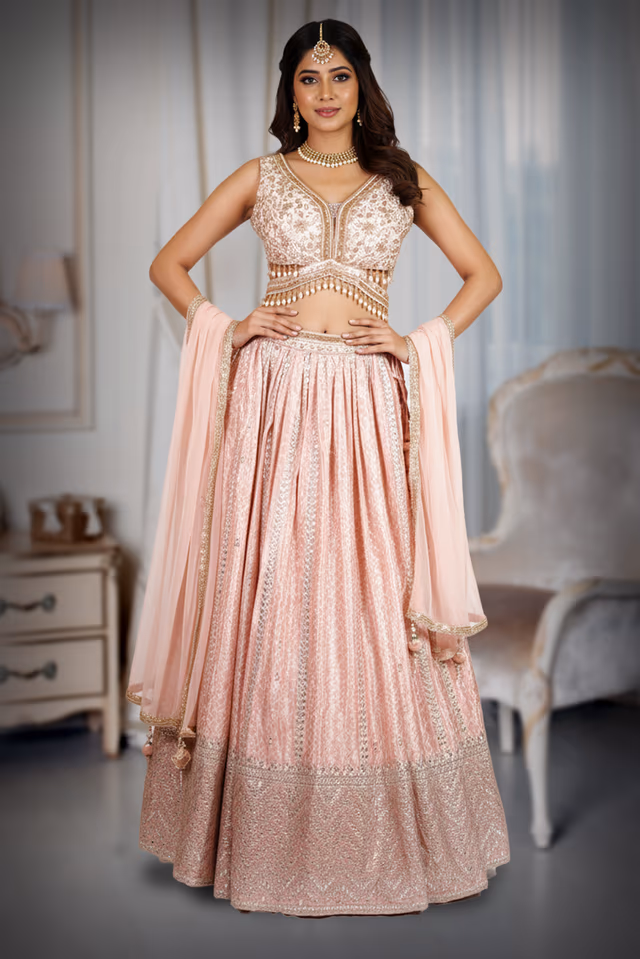 Blush Pink Sequin Embroidered Lehenga Choli — back view, rent in Bangalore