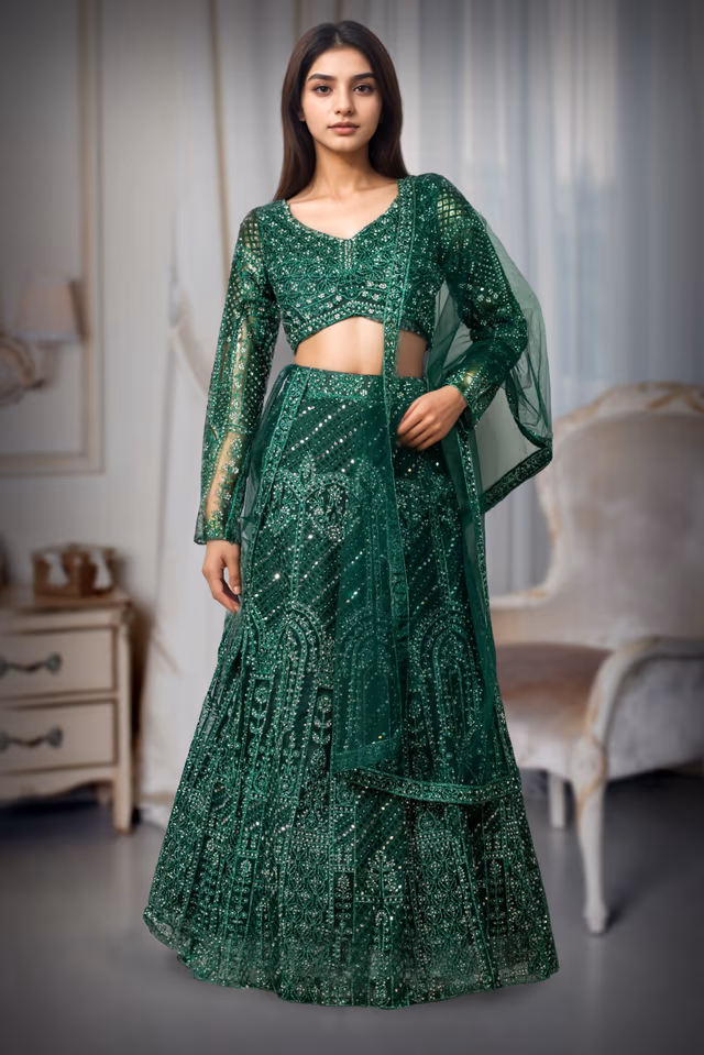 Bottle Green Crop Top Lehenga With Heavy Stonework And Threadwork — back view, rent in Calicut
