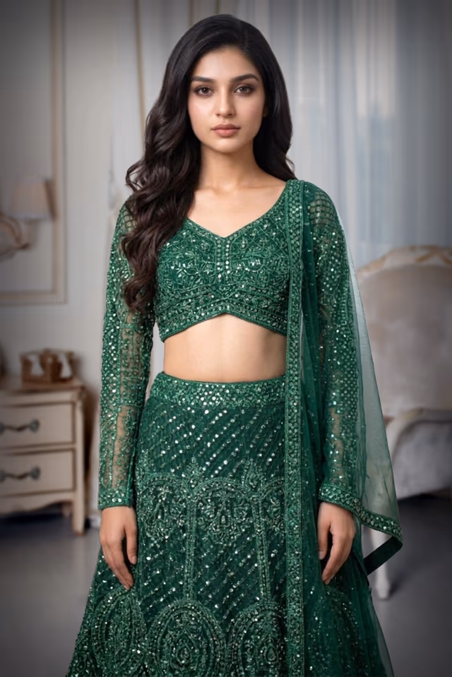Bottle Green Crop Top Lehenga With Heavy Stonework And Threadwork — rent in Calicut