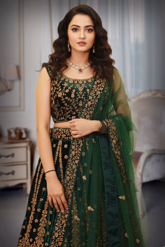 Elegant Bottle Green Lehenga Set with Golden Embroidery and Matching Net Dupatta — rent in Kochi