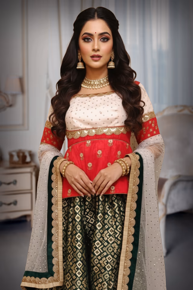Bottle Green Silk Mix Layered Skirt with Brocade and Katori Work — rent in Bangalore