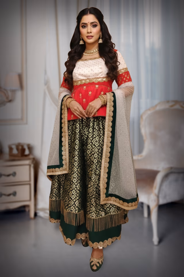 Bottle Green Silk Mix Layered Skirt with Brocade and Katori Work — back view, rent in Bangalore