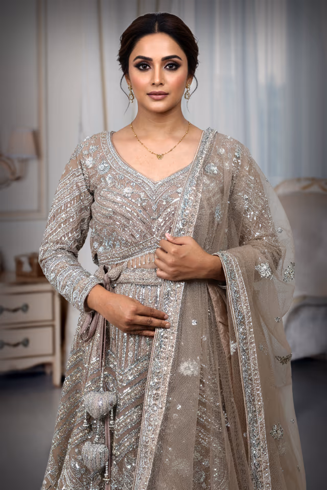 Breathtaking Golden Sequin Lehenga Displaying Geometric Patterns And Luxurious Craftsmanship Designed To… — rent in Calicut