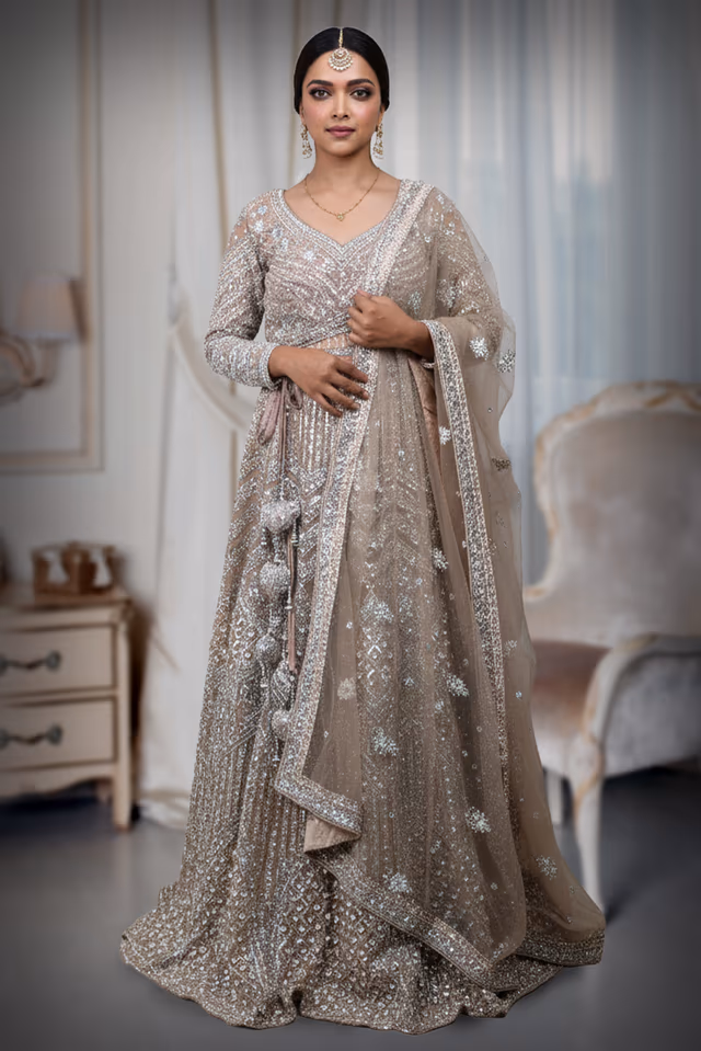 Breathtaking Golden Sequin Lehenga Displaying Geometric Patterns And Luxurious Craftsmanship… — back view, rent in Calicut